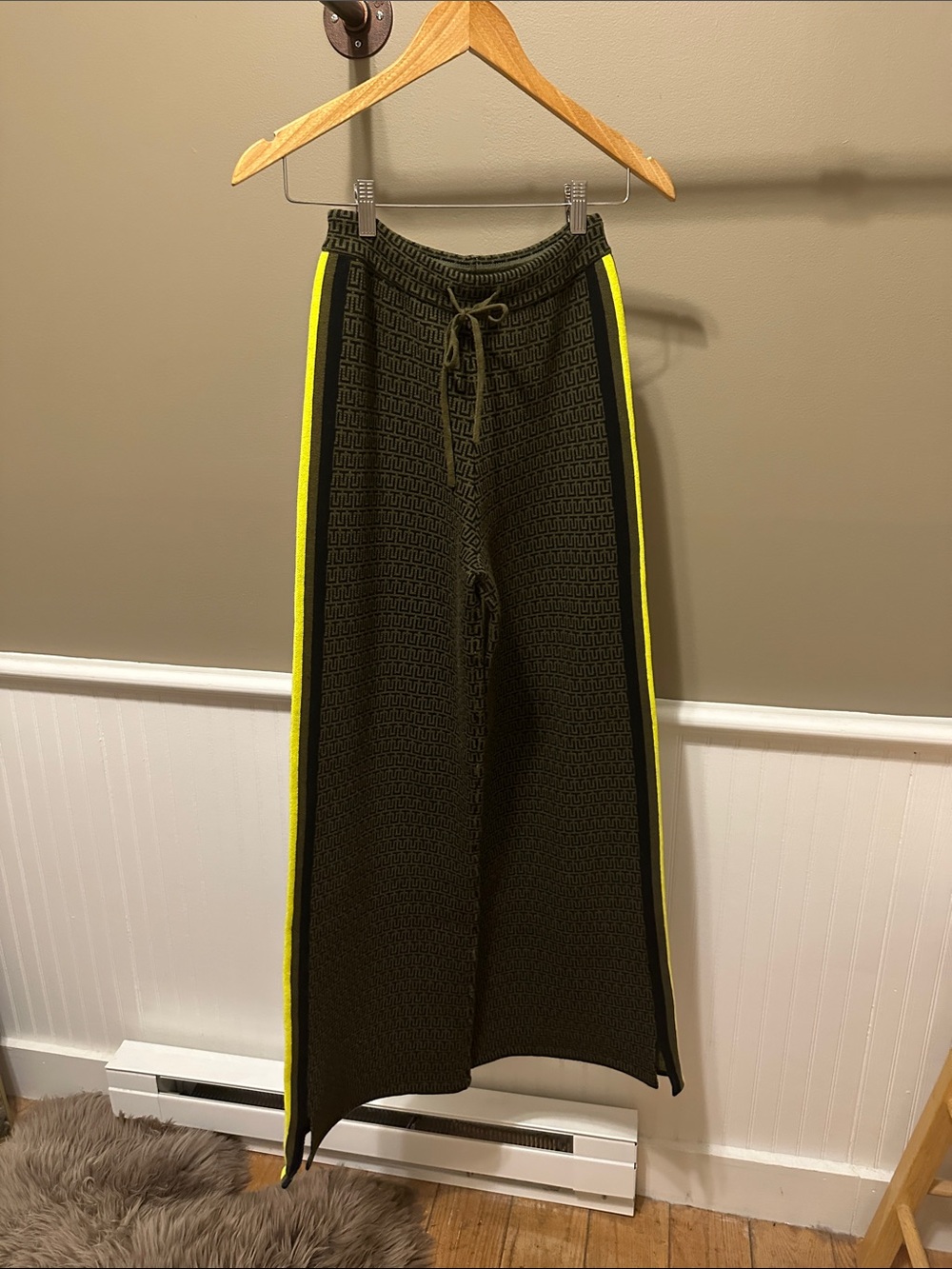 The Upside Olive Green Knit Wide-Leg Track Pants with Neon Yellow Side Stripes